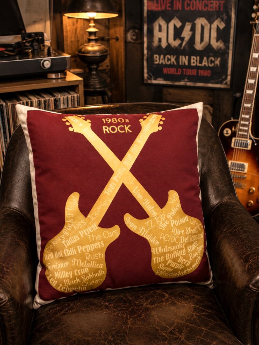 Handmade Pillow Cover 1980s Rock Bands Guitars Music Room Decor 18 x 18 inches